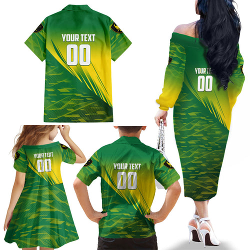 Personalized Socceroos Sport Family Matching Off The Shoulder Long Sleeve Dress and Hawaiian Shirt Green Gold Dynamic Wave Pattern