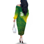 Personalized Socceroos Sport Family Matching Off The Shoulder Long Sleeve Dress and Hawaiian Shirt Green Gold Dynamic Wave Pattern