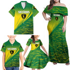 Personalized Socceroos Sport Family Matching Off Shoulder Maxi Dress and Hawaiian Shirt Green Gold Dynamic Wave Pattern