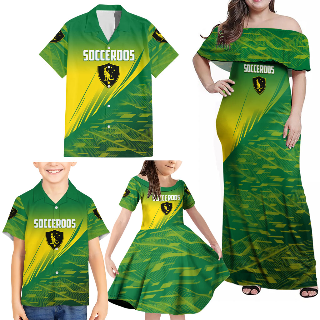 Personalized Socceroos Sport Family Matching Off Shoulder Maxi Dress and Hawaiian Shirt Green Gold Dynamic Wave Pattern