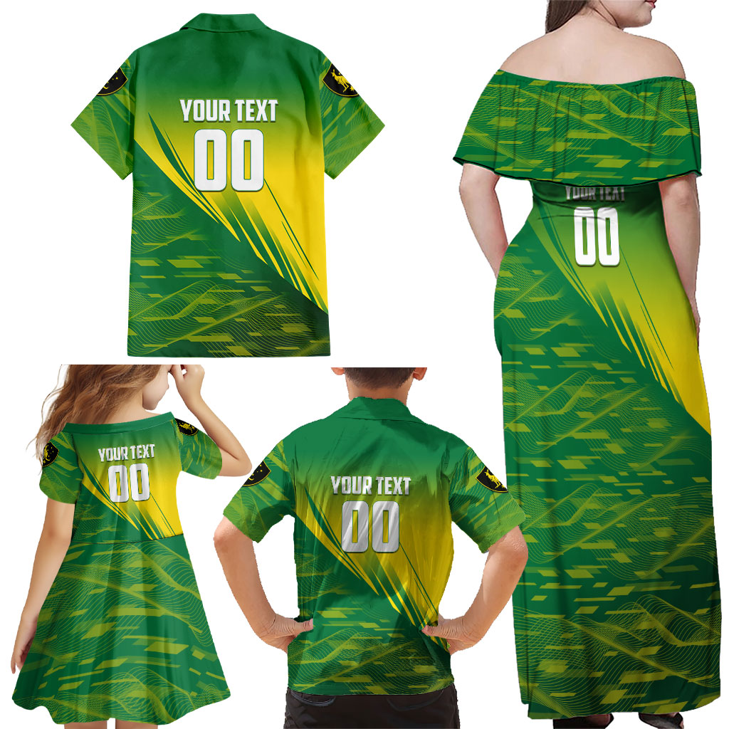 Personalized Socceroos Sport Family Matching Off Shoulder Maxi Dress and Hawaiian Shirt Green Gold Dynamic Wave Pattern