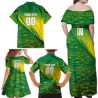 Personalized Socceroos Sport Family Matching Off Shoulder Maxi Dress and Hawaiian Shirt Green Gold Dynamic Wave Pattern