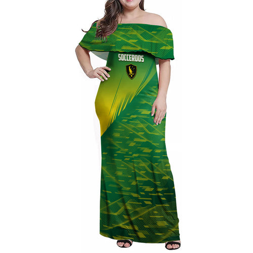 Personalized Socceroos Sport Family Matching Off Shoulder Maxi Dress and Hawaiian Shirt Green Gold Dynamic Wave Pattern