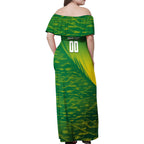 Personalized Socceroos Sport Family Matching Off Shoulder Maxi Dress and Hawaiian Shirt Green Gold Dynamic Wave Pattern
