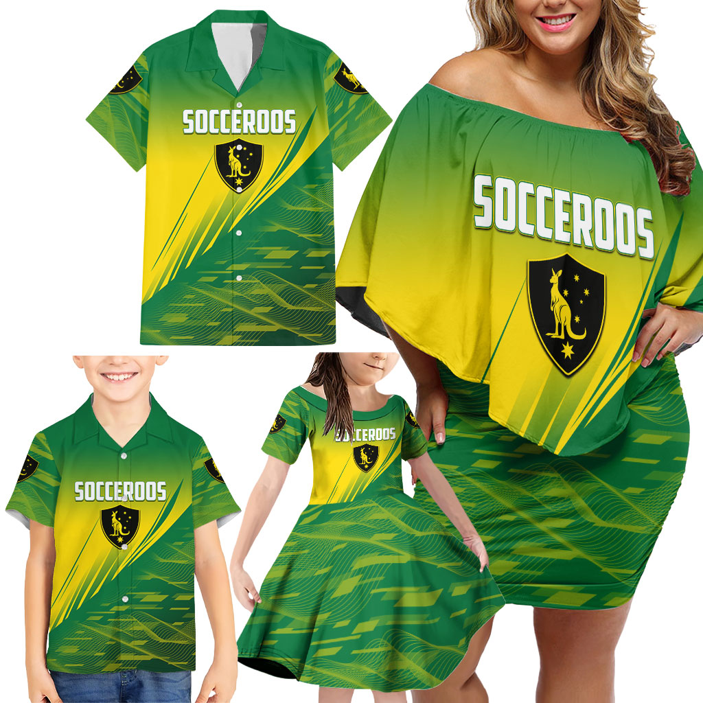Personalized Socceroos Sport Family Matching Off Shoulder Short Dress and Hawaiian Shirt Green Gold Dynamic Wave Pattern