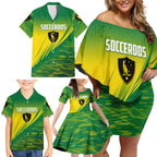 Personalized Socceroos Sport Family Matching Off Shoulder Short Dress and Hawaiian Shirt Green Gold Dynamic Wave Pattern