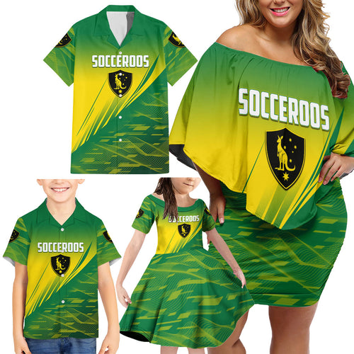 Personalized Socceroos Sport Family Matching Off Shoulder Short Dress and Hawaiian Shirt Green Gold Dynamic Wave Pattern