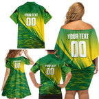 Personalized Socceroos Sport Family Matching Off Shoulder Short Dress and Hawaiian Shirt Green Gold Dynamic Wave Pattern