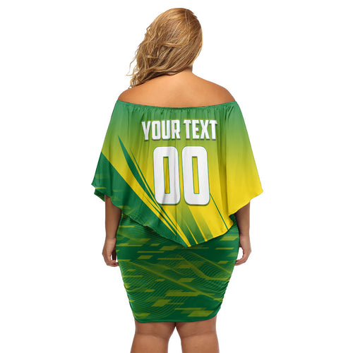 Personalized Socceroos Sport Family Matching Off Shoulder Short Dress and Hawaiian Shirt Green Gold Dynamic Wave Pattern