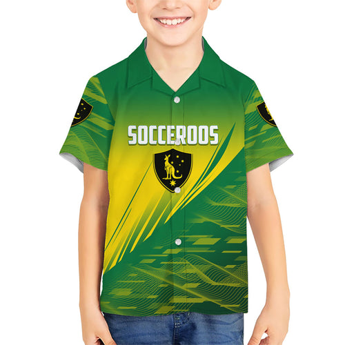 Personalized Socceroos Sport Family Matching Off Shoulder Short Dress and Hawaiian Shirt Green Gold Dynamic Wave Pattern