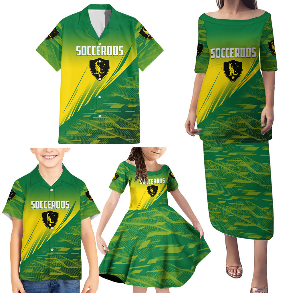 Personalized Socceroos Sport Family Matching Puletasi and Hawaiian Shirt Green Gold Dynamic Wave Pattern