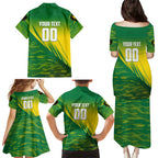 Personalized Socceroos Sport Family Matching Puletasi and Hawaiian Shirt Green Gold Dynamic Wave Pattern