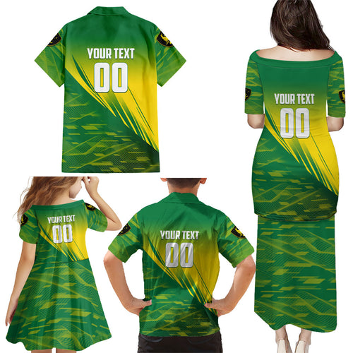 Personalized Socceroos Sport Family Matching Puletasi and Hawaiian Shirt Green Gold Dynamic Wave Pattern