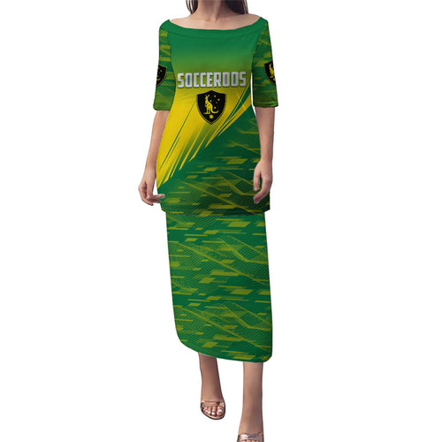 Personalized Socceroos Sport Family Matching Puletasi and Hawaiian Shirt Green Gold Dynamic Wave Pattern