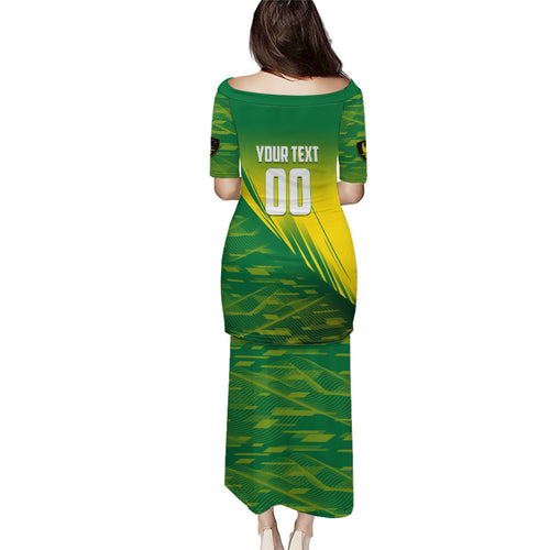 Personalized Socceroos Sport Family Matching Puletasi and Hawaiian Shirt Green Gold Dynamic Wave Pattern