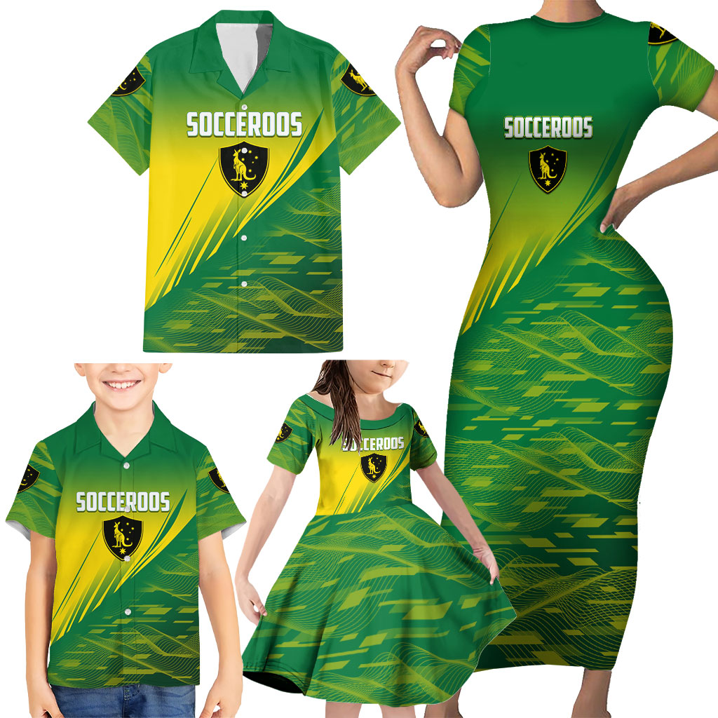 Personalized Socceroos Sport Family Matching Short Sleeve Bodycon Dress and Hawaiian Shirt Green Gold Dynamic Wave Pattern