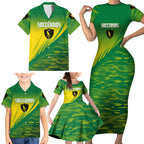 Personalized Socceroos Sport Family Matching Short Sleeve Bodycon Dress and Hawaiian Shirt Green Gold Dynamic Wave Pattern