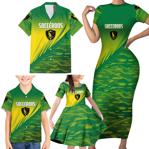 Personalized Socceroos Sport Family Matching Short Sleeve Bodycon Dress and Hawaiian Shirt Green Gold Dynamic Wave Pattern