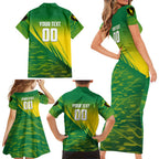 Personalized Socceroos Sport Family Matching Short Sleeve Bodycon Dress and Hawaiian Shirt Green Gold Dynamic Wave Pattern