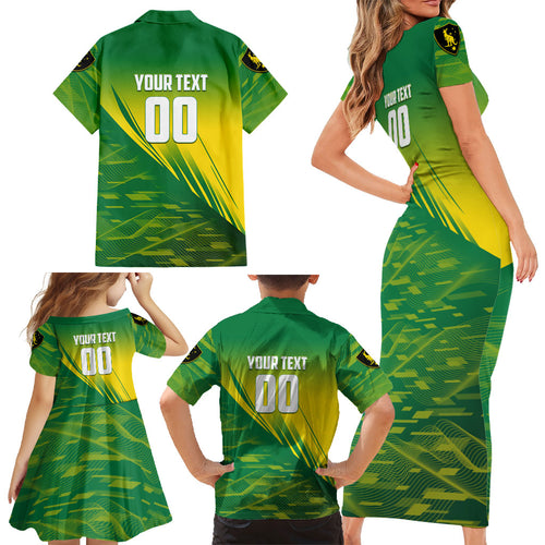 Personalized Socceroos Sport Family Matching Short Sleeve Bodycon Dress and Hawaiian Shirt Green Gold Dynamic Wave Pattern
