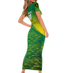 Personalized Socceroos Sport Family Matching Short Sleeve Bodycon Dress and Hawaiian Shirt Green Gold Dynamic Wave Pattern