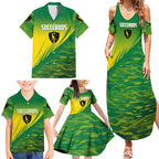 Personalized Socceroos Sport Family Matching Summer Maxi Dress and Hawaiian Shirt Green Gold Dynamic Wave Pattern