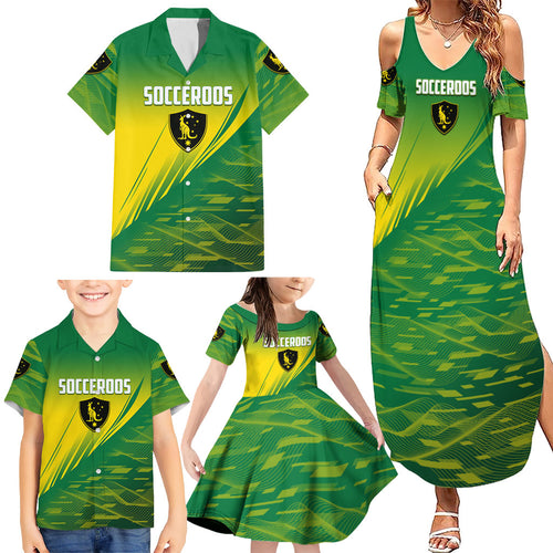 Personalized Socceroos Sport Family Matching Summer Maxi Dress and Hawaiian Shirt Green Gold Dynamic Wave Pattern