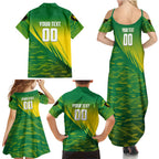 Personalized Socceroos Sport Family Matching Summer Maxi Dress and Hawaiian Shirt Green Gold Dynamic Wave Pattern
