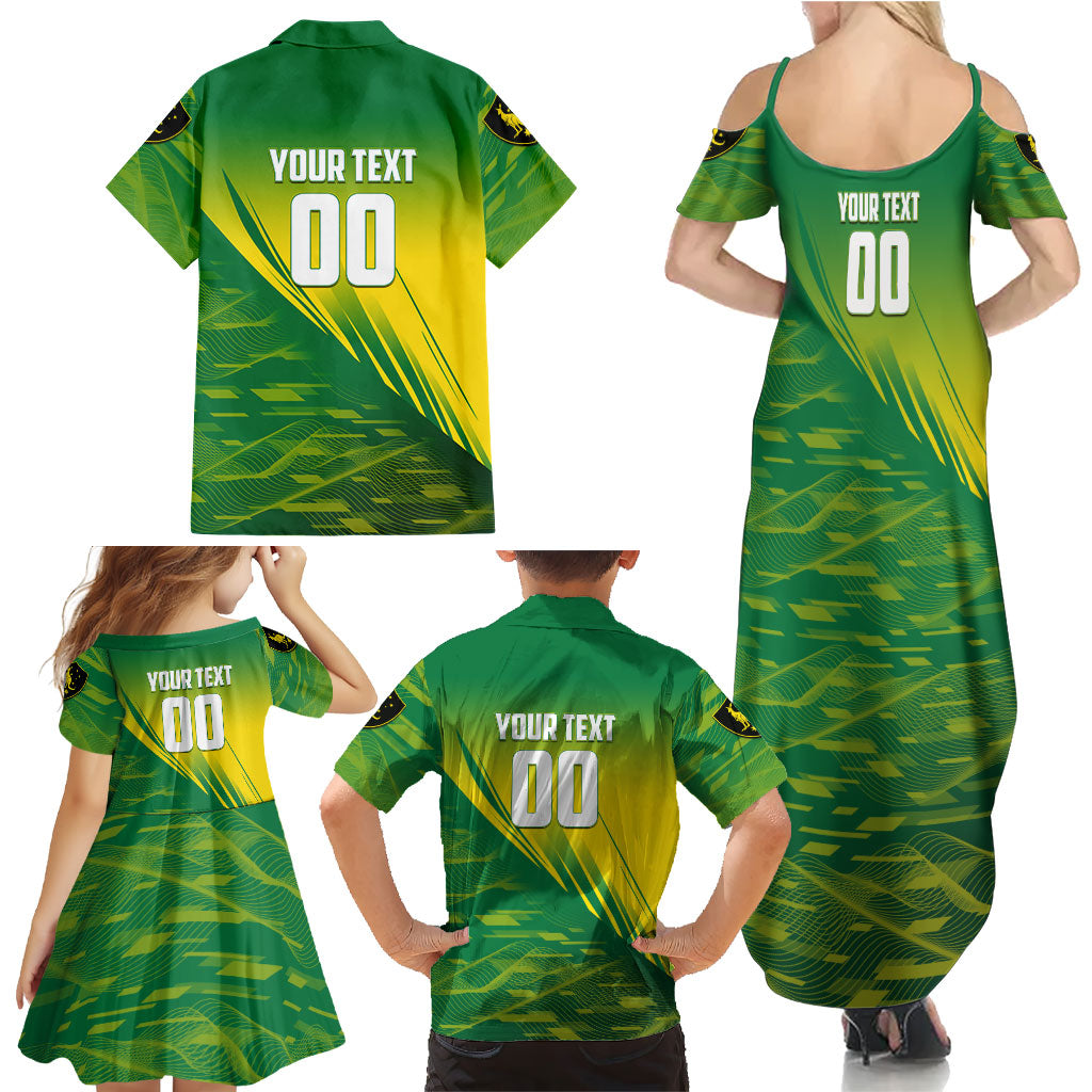 Personalized Socceroos Sport Family Matching Summer Maxi Dress and Hawaiian Shirt Green Gold Dynamic Wave Pattern