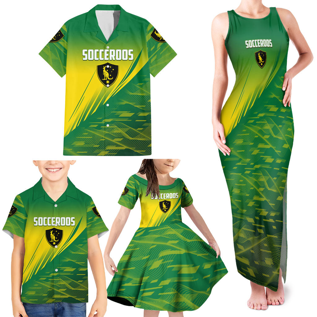 Personalized Socceroos Sport Family Matching Tank Maxi Dress and Hawaiian Shirt Green Gold Dynamic Wave Pattern
