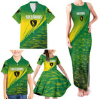 Personalized Socceroos Sport Family Matching Tank Maxi Dress and Hawaiian Shirt Green Gold Dynamic Wave Pattern