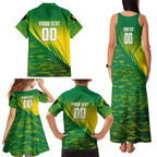 Personalized Socceroos Sport Family Matching Tank Maxi Dress and Hawaiian Shirt Green Gold Dynamic Wave Pattern