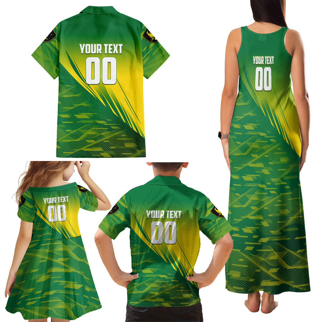 Personalized Socceroos Sport Family Matching Tank Maxi Dress and Hawaiian Shirt Green Gold Dynamic Wave Pattern