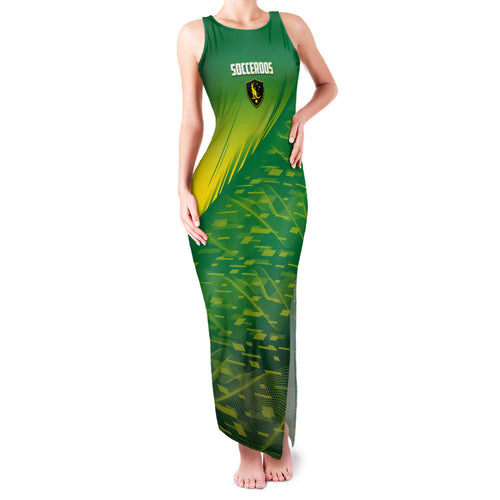 Personalized Socceroos Sport Family Matching Tank Maxi Dress and Hawaiian Shirt Green Gold Dynamic Wave Pattern