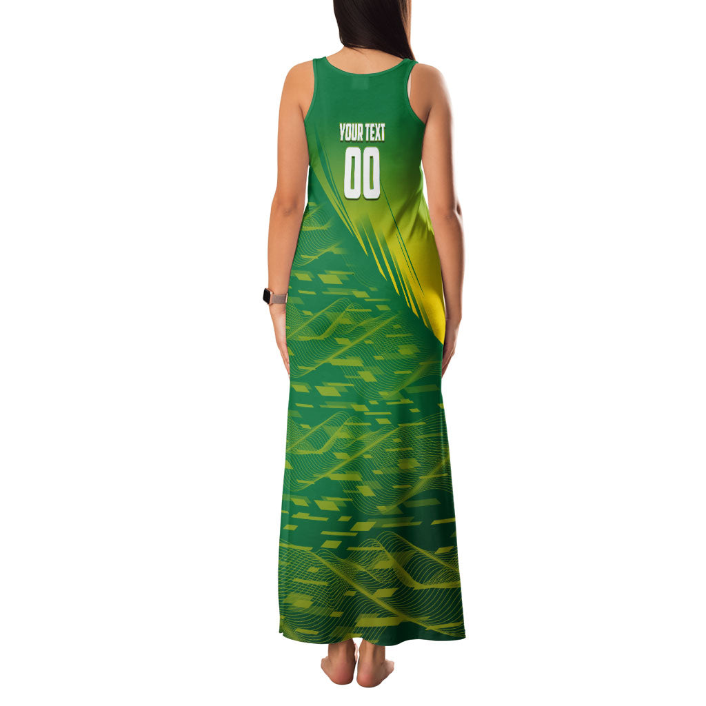 Personalized Socceroos Sport Family Matching Tank Maxi Dress and Hawaiian Shirt Green Gold Dynamic Wave Pattern