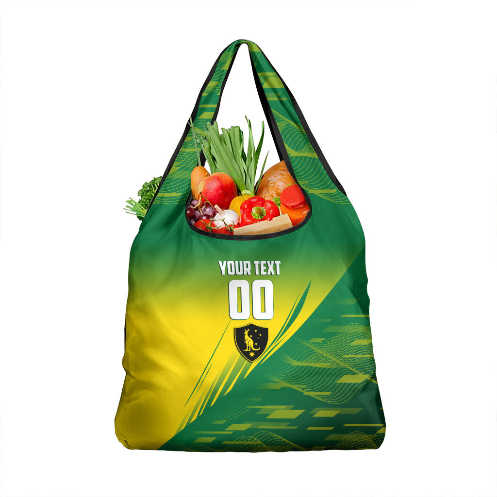Personalized Socceroos Sport Grocery Bag Green Gold Dynamic Wave Pattern
