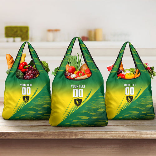 Personalized Socceroos Sport Grocery Bag Green Gold Dynamic Wave Pattern