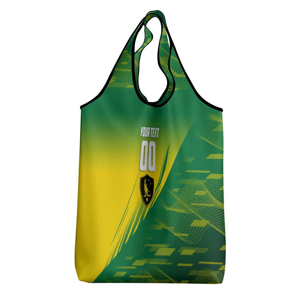 Personalized Socceroos Sport Grocery Bag Green Gold Dynamic Wave Pattern