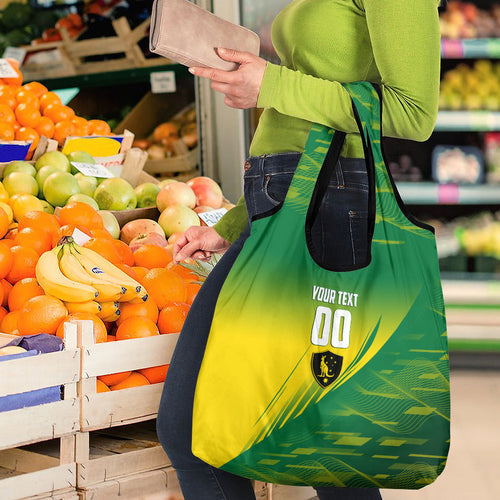 Personalized Socceroos Sport Grocery Bag Green Gold Dynamic Wave Pattern