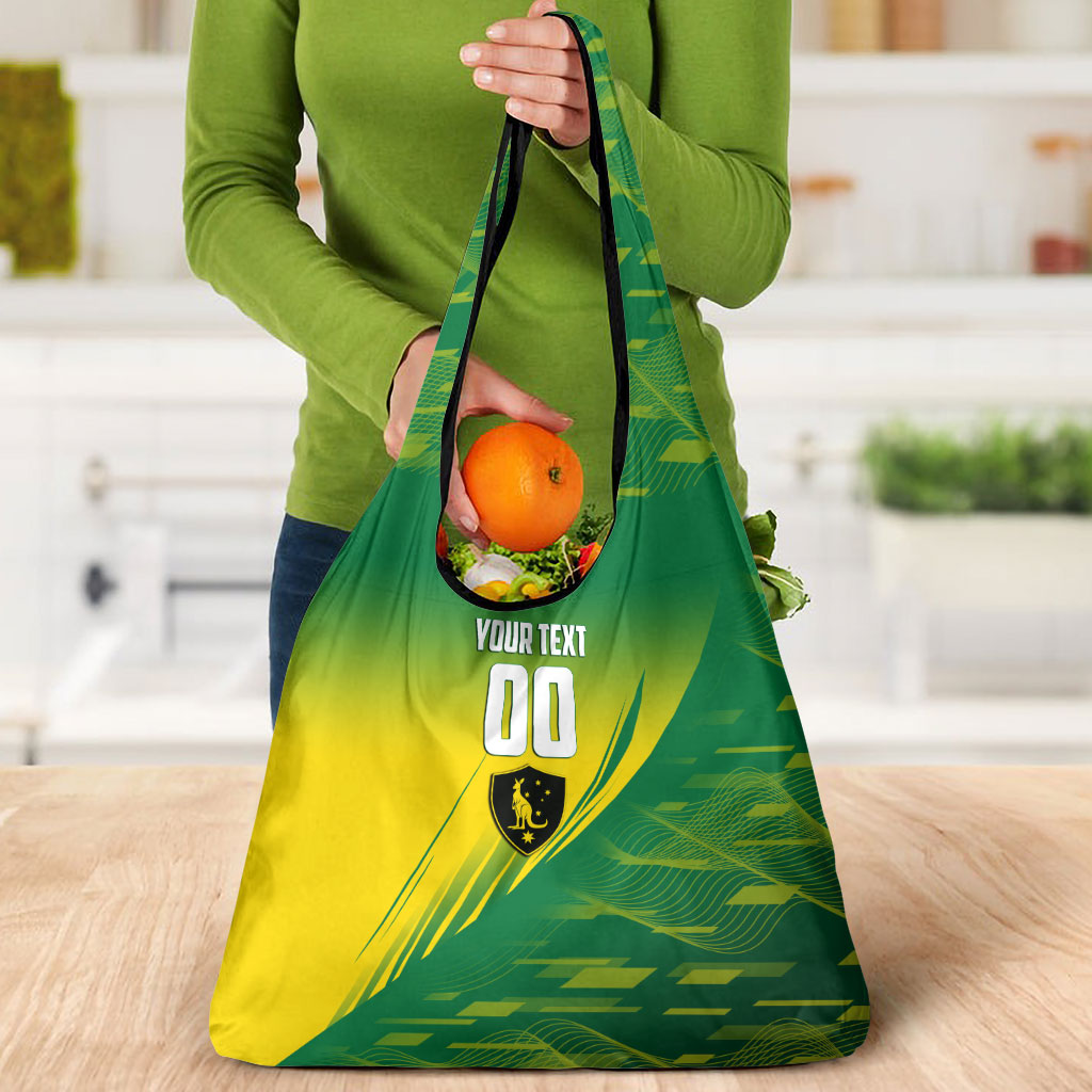 Personalized Socceroos Sport Grocery Bag Green Gold Dynamic Wave Pattern