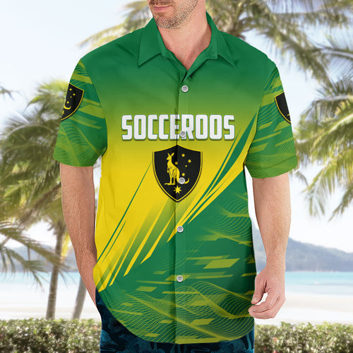 Personalized Socceroos Sport Hawaiian Shirt Green Gold Dynamic Wave Pattern