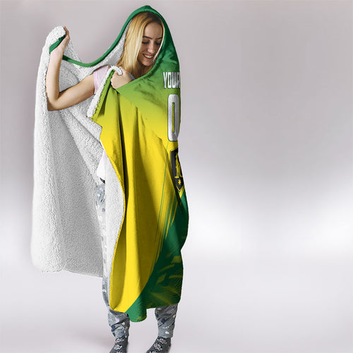 Personalized Socceroos Sport Hooded Blanket Green Gold Dynamic Wave Pattern