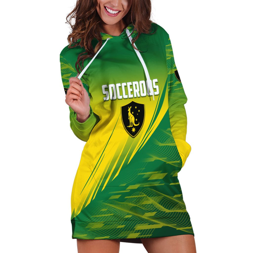 Personalized Socceroos Sport Hoodie Dress Green Gold Dynamic Wave Pattern