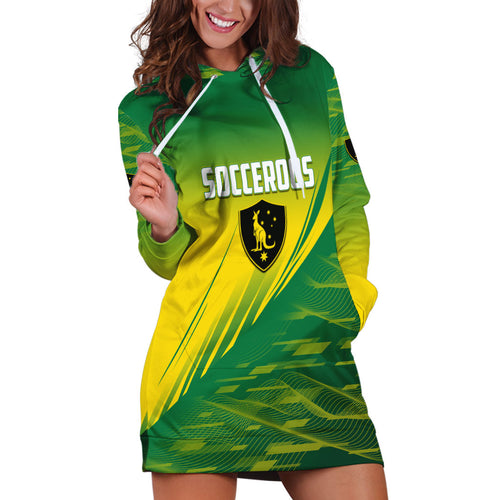 Personalized Socceroos Sport Hoodie Dress Green Gold Dynamic Wave Pattern