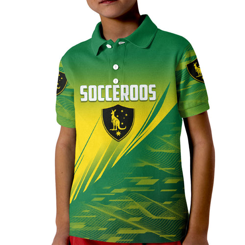 Personalized Socceroos Sport Kid Polo Shirt Green Gold Dynamic Wave Pattern
