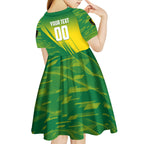 Personalized Socceroos Sport Kid Short Sleeve Dress Green Gold Dynamic Wave Pattern