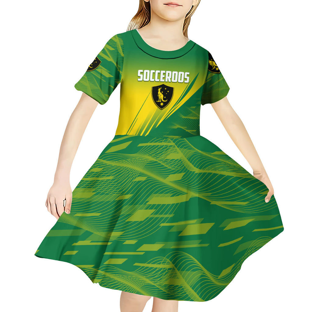 Personalized Socceroos Sport Kid Short Sleeve Dress Green Gold Dynamic Wave Pattern