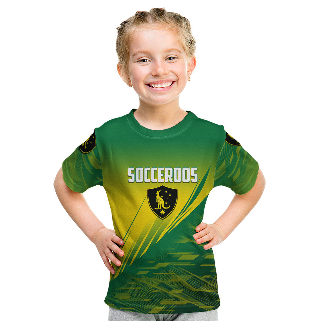 Personalized Socceroos Sport Kid T Shirt Green Gold Dynamic Wave Pattern