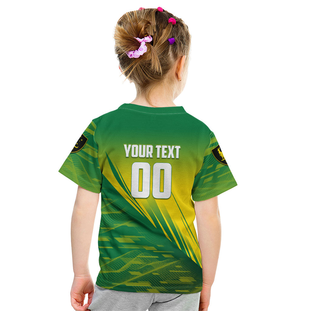 Personalized Socceroos Sport Kid T Shirt Green Gold Dynamic Wave Pattern