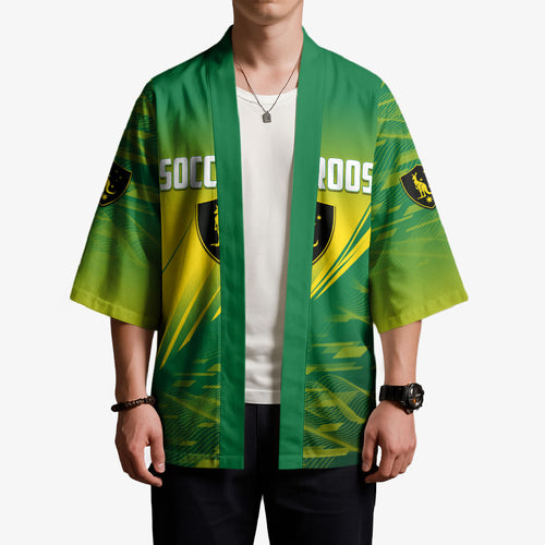 Personalized Socceroos Sport Kimono Green Gold Dynamic Wave Pattern